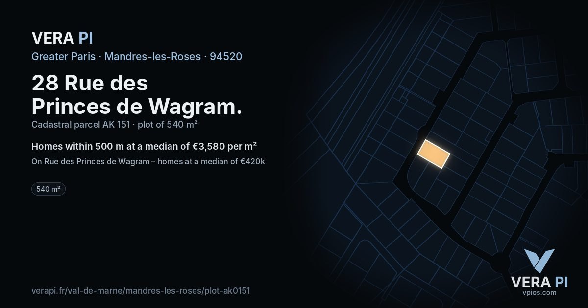 28 Rue des Princes de Wagram, Mandres-les-Roses at night – the plot lit, the parcels around coloured by the prices near them