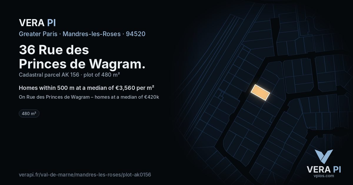 36 Rue des Princes de Wagram, Mandres-les-Roses at night – the plot lit, the parcels around coloured by the prices near them