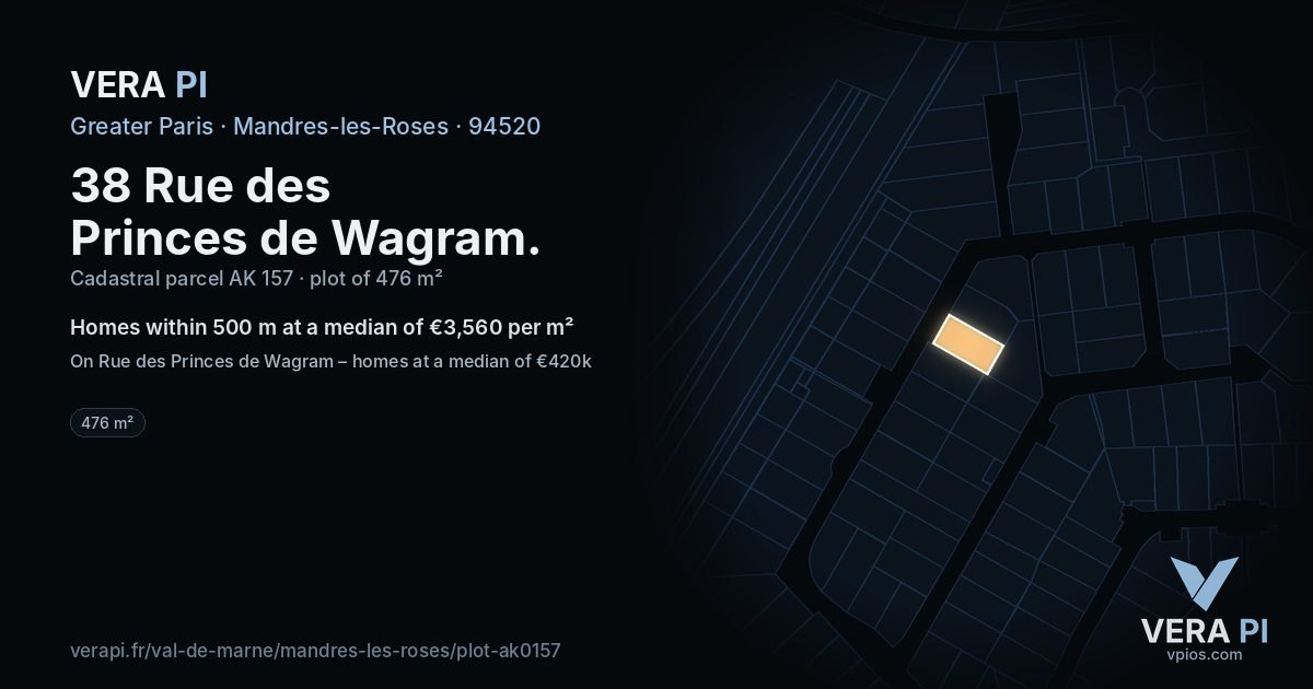 38 Rue des Princes de Wagram, Mandres-les-Roses at night – the plot lit, the parcels around coloured by the prices near them