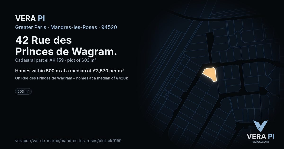 42 Rue des Princes de Wagram, Mandres-les-Roses at night – the plot lit, the parcels around coloured by the prices near them