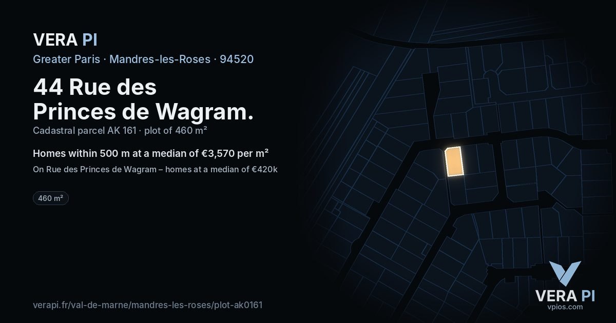 44 Rue des Princes de Wagram, Mandres-les-Roses at night – the plot lit, the parcels around coloured by the prices near them