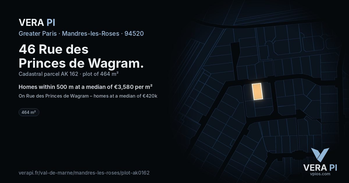 46 Rue des Princes de Wagram, Mandres-les-Roses at night – the plot lit, the parcels around coloured by the prices near them