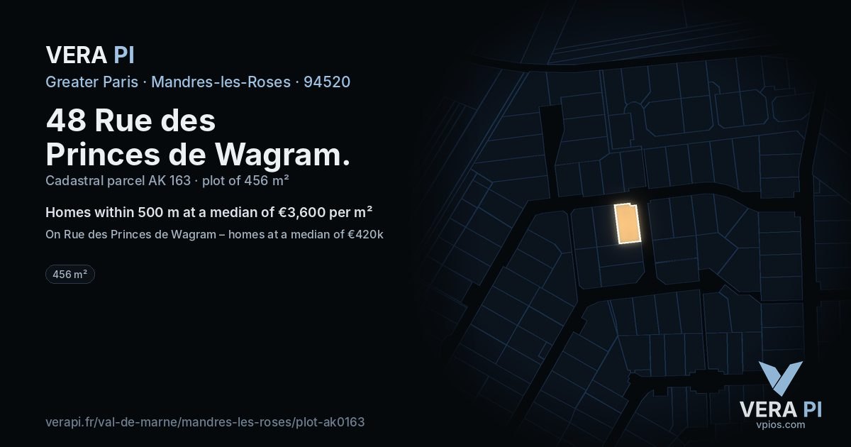48 Rue des Princes de Wagram, Mandres-les-Roses at night – the plot lit, the parcels around coloured by the prices near them
