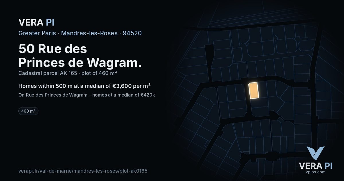 50 Rue des Princes de Wagram, Mandres-les-Roses at night – the plot lit, the parcels around coloured by the prices near them