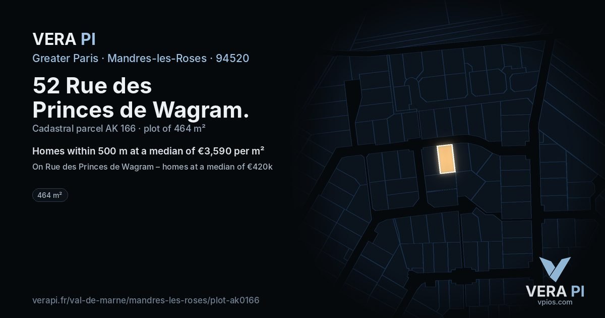 52 Rue des Princes de Wagram, Mandres-les-Roses at night – the plot lit, the parcels around coloured by the prices near them
