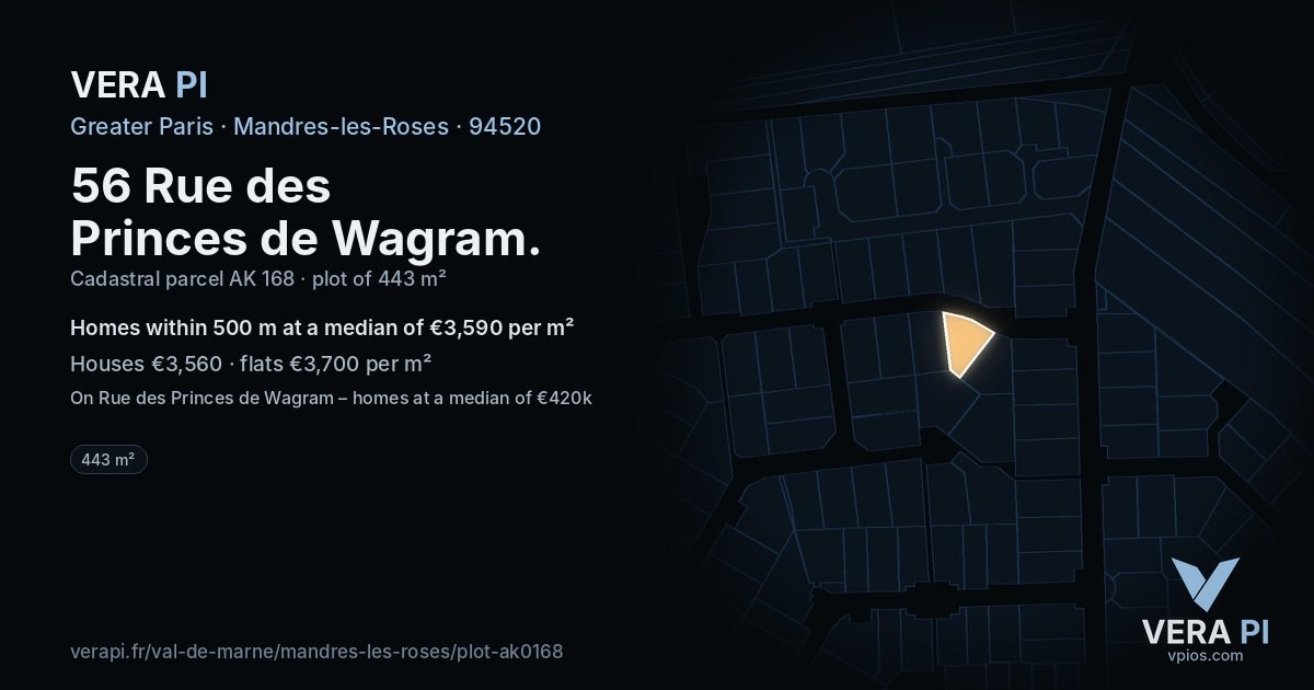 56 Rue des Princes de Wagram, Mandres-les-Roses at night – the plot lit, the parcels around coloured by the prices near them