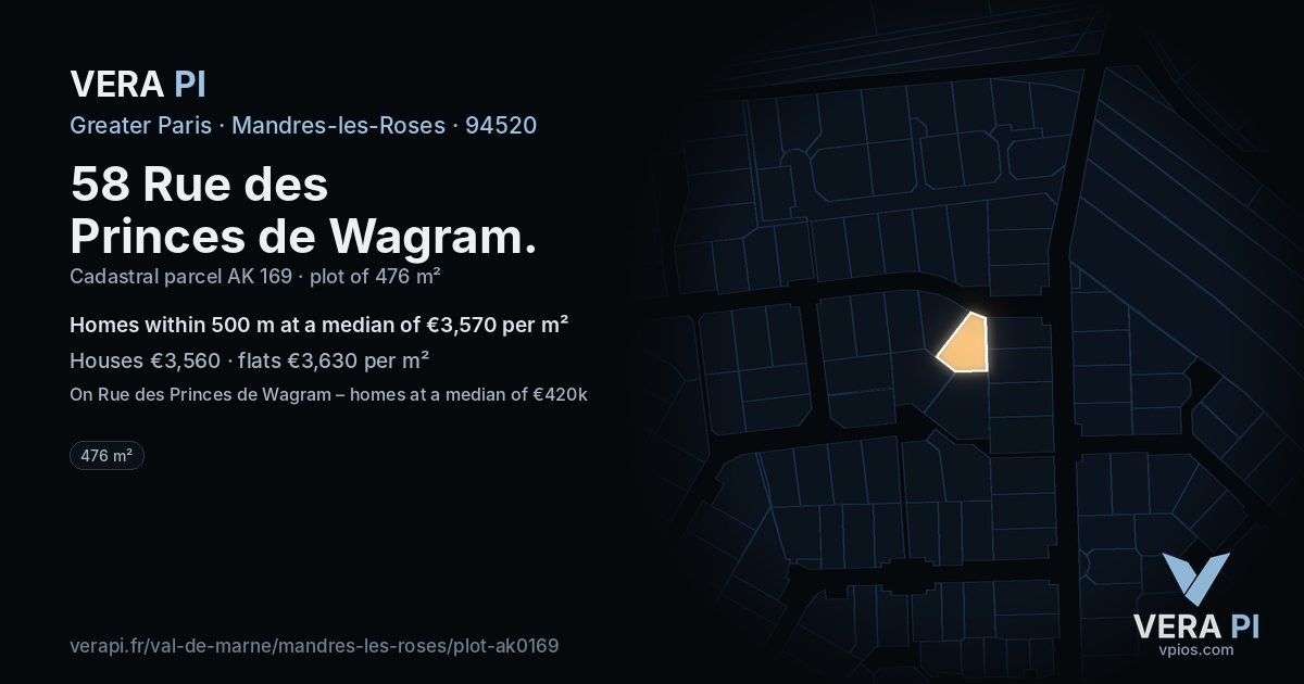 58 Rue des Princes de Wagram, Mandres-les-Roses at night – the plot lit, the parcels around coloured by the prices near them