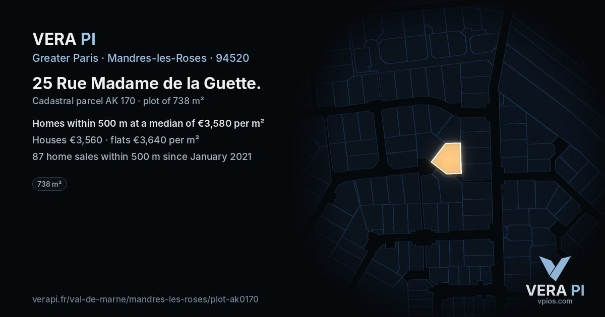 25 Rue Madame de la Guette, Mandres-les-Roses at night – the plot lit, the parcels around coloured by the prices near them
