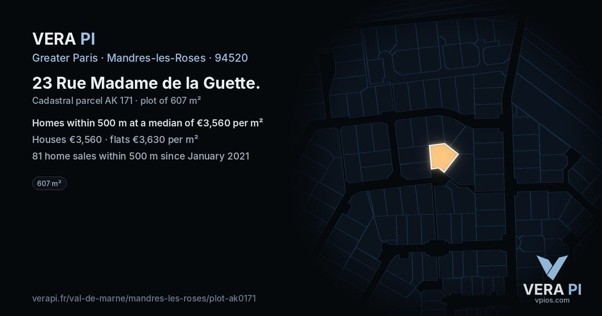 23 Rue Madame de la Guette, Mandres-les-Roses at night – the plot lit, the parcels around coloured by the prices near them