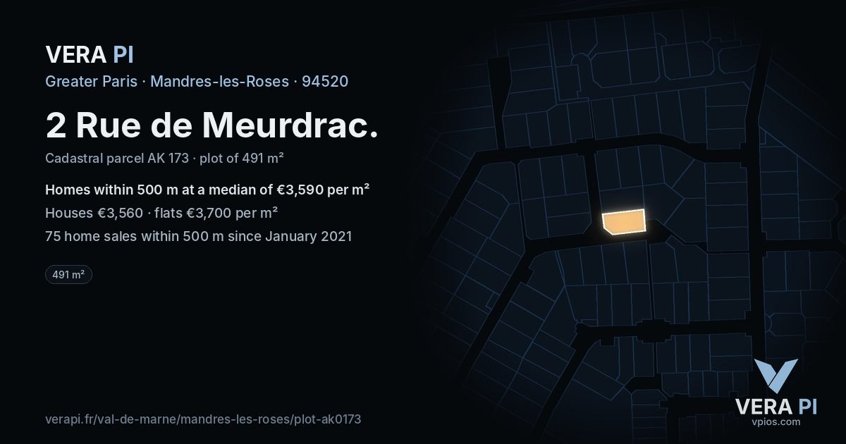 2 Rue de Meurdrac, Mandres-les-Roses at night – the plot lit, the parcels around coloured by the prices near them