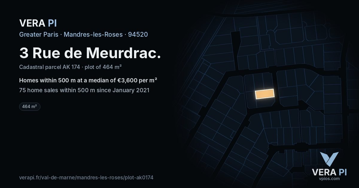 3 Rue de Meurdrac, Mandres-les-Roses at night – the plot lit, the parcels around coloured by the prices near them