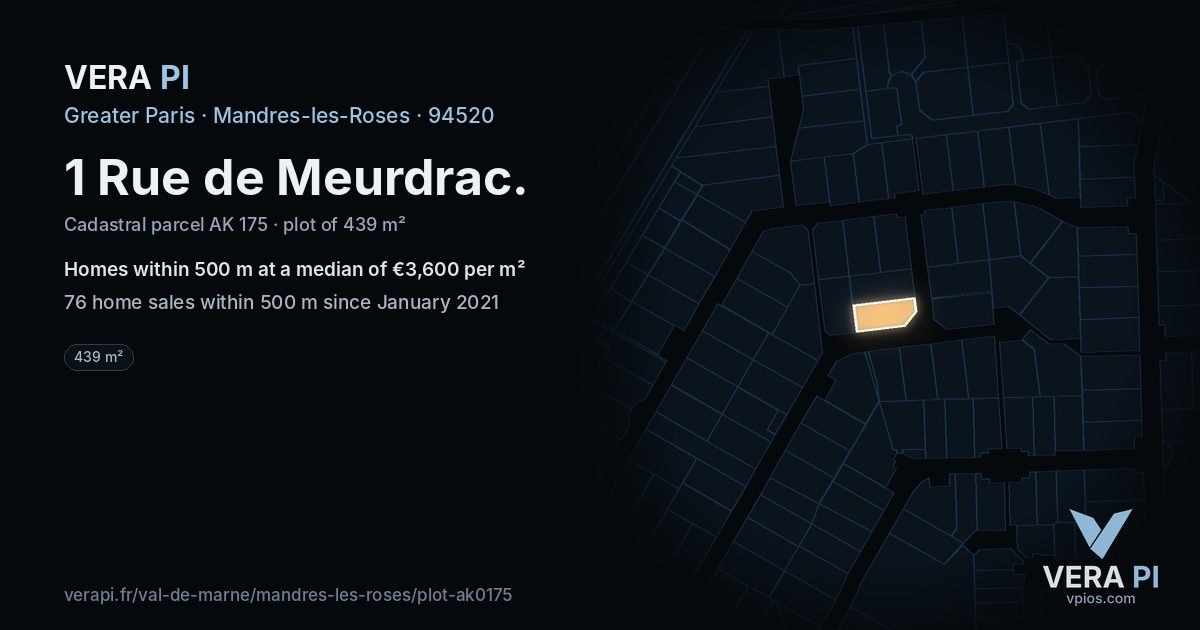 1 Rue de Meurdrac, Mandres-les-Roses at night – the plot lit, the parcels around coloured by the prices near them