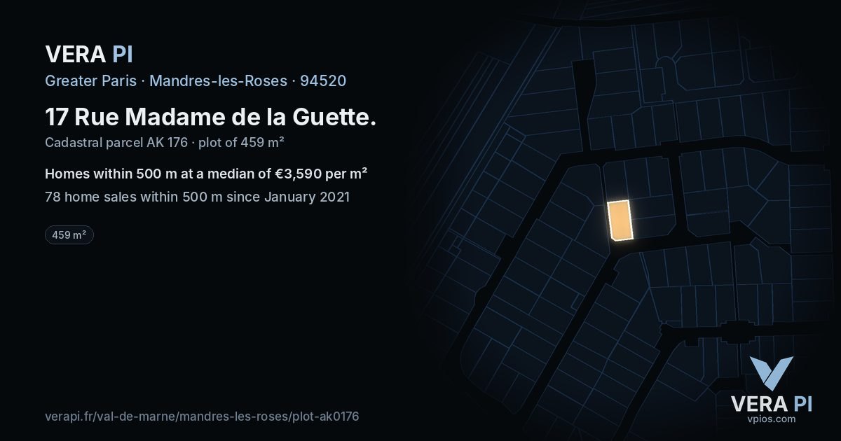 17 Rue Madame de la Guette, Mandres-les-Roses at night – the plot lit, the parcels around coloured by the prices near them
