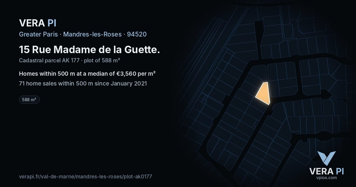 15 Rue Madame de la Guette, Mandres-les-Roses at night – the plot lit, the parcels around coloured by the prices near them