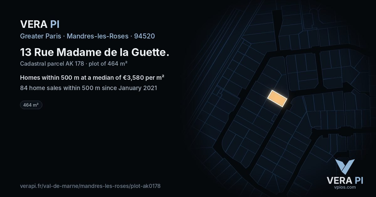 13 Rue Madame de la Guette, Mandres-les-Roses at night – the plot lit, the parcels around coloured by the prices near them