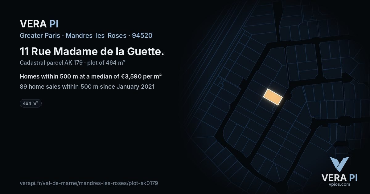 11 Rue Madame de la Guette, Mandres-les-Roses at night – the plot lit, the parcels around coloured by the prices near them