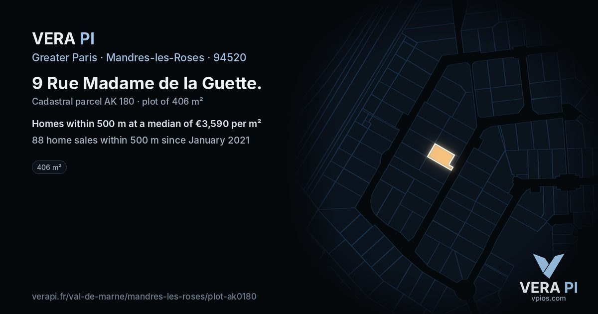 9 Rue Madame de la Guette, Mandres-les-Roses at night – the plot lit, the parcels around coloured by the prices near them