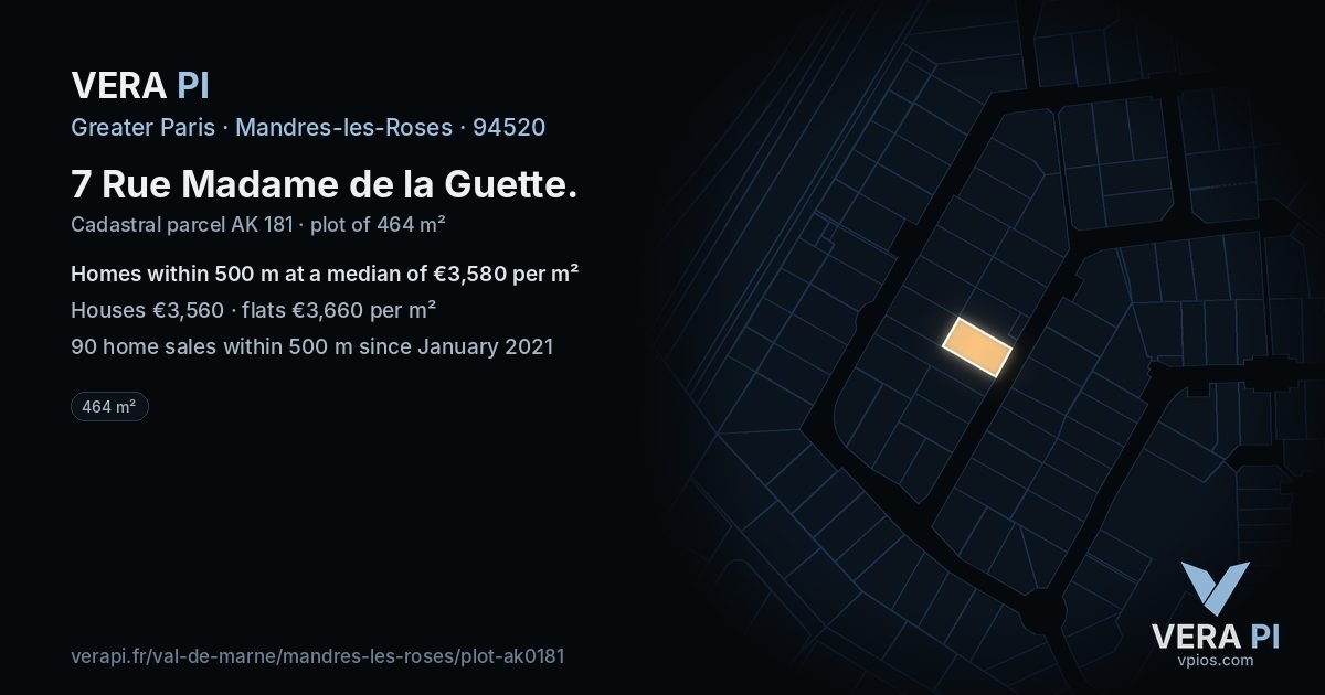 7 Rue Madame de la Guette, Mandres-les-Roses at night – the plot lit, the parcels around coloured by the prices near them