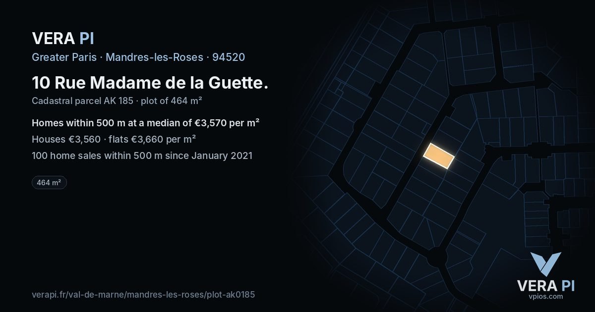 10 Rue Madame de la Guette, Mandres-les-Roses at night – the plot lit, the parcels around coloured by the prices near them