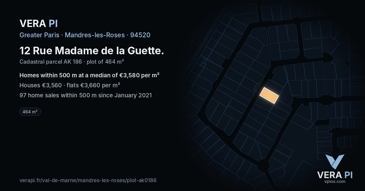 12 Rue Madame de la Guette, Mandres-les-Roses at night – the plot lit, the parcels around coloured by the prices near them