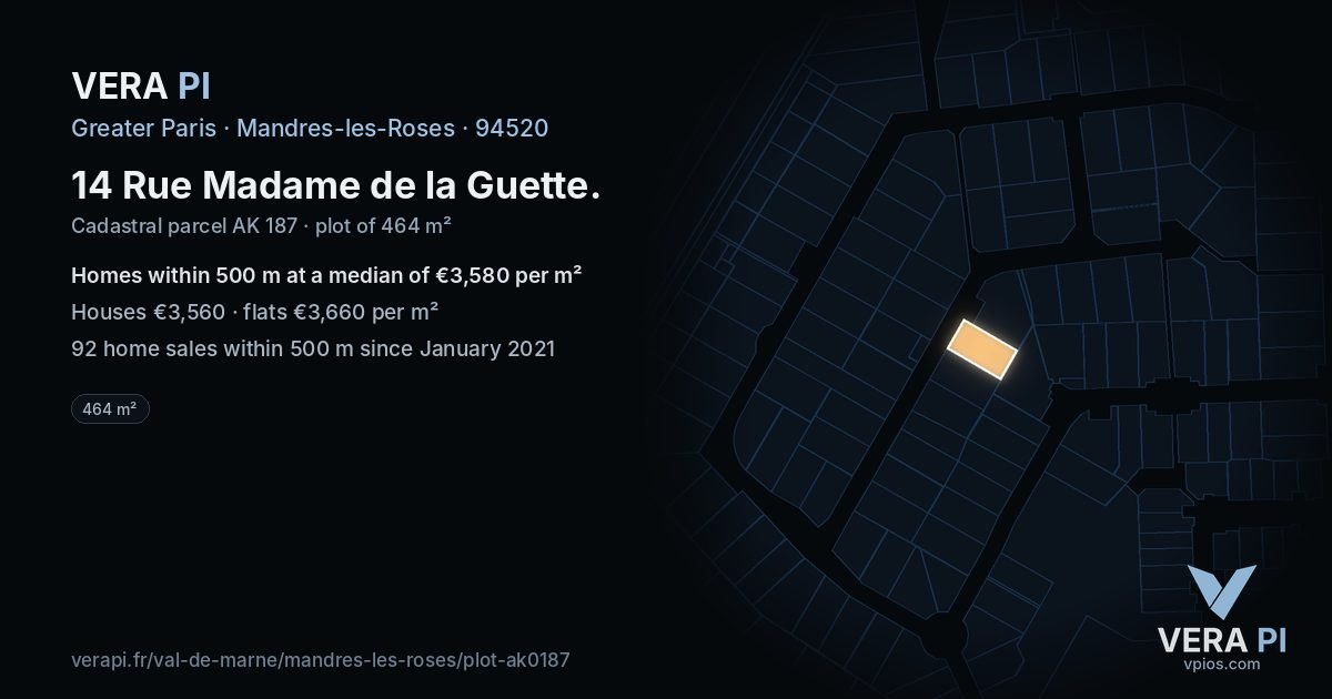 14 Rue Madame de la Guette, Mandres-les-Roses at night – the plot lit, the parcels around coloured by the prices near them