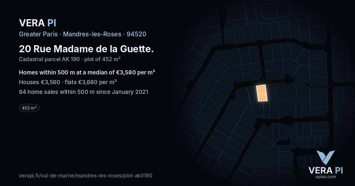 20 Rue Madame de la Guette, Mandres-les-Roses at night – the plot lit, the parcels around coloured by the prices near them