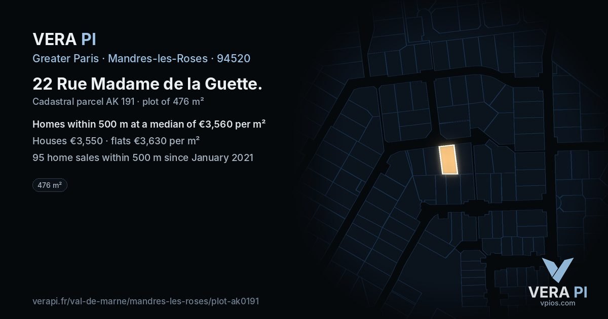 22 Rue Madame de la Guette, Mandres-les-Roses at night – the plot lit, the parcels around coloured by the prices near them
