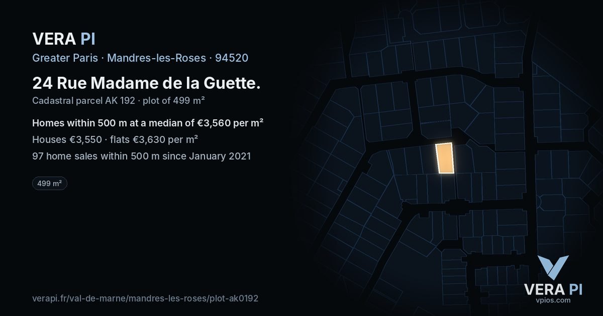 24 Rue Madame de la Guette, Mandres-les-Roses at night – the plot lit, the parcels around coloured by the prices near them