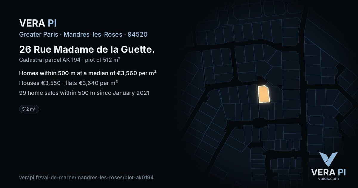 26 Rue Madame de la Guette, Mandres-les-Roses at night – the plot lit, the parcels around coloured by the prices near them