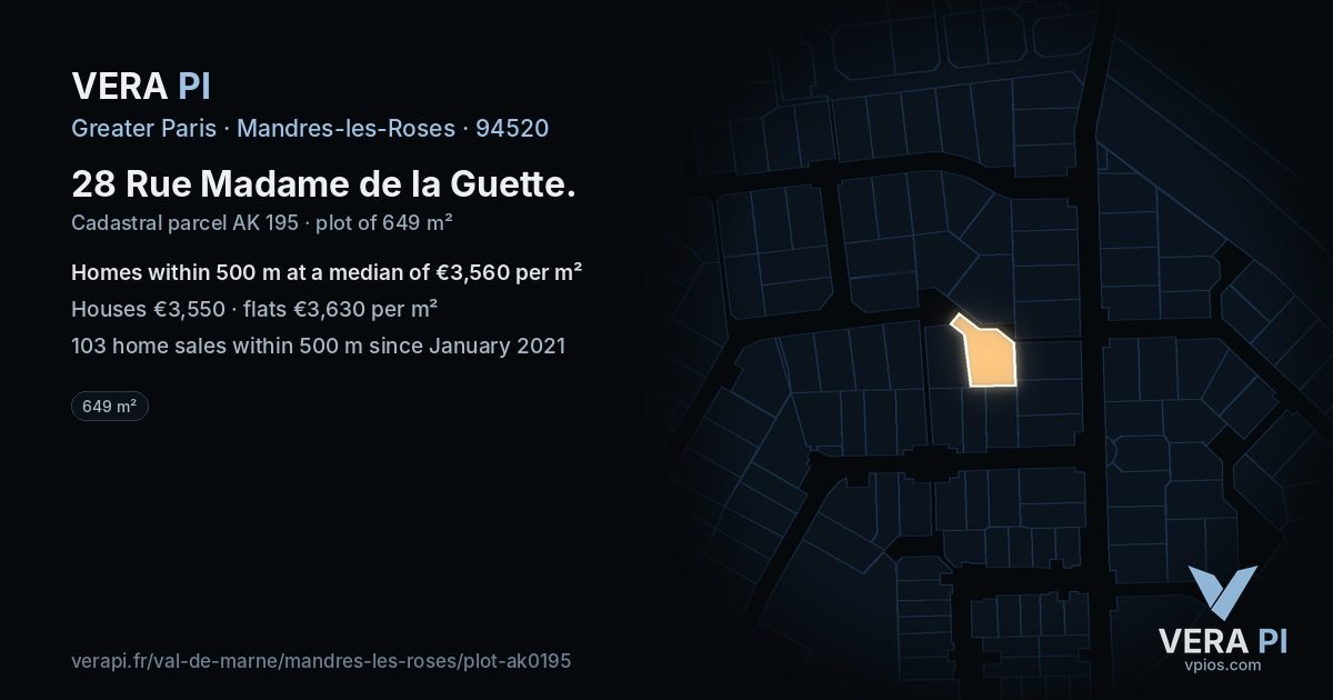 28 Rue Madame de la Guette, Mandres-les-Roses at night – the plot lit, the parcels around coloured by the prices near them