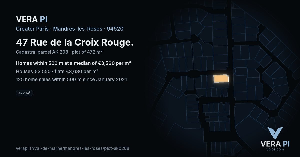 47 Rue de la Croix Rouge, Mandres-les-Roses at night – the plot lit, the parcels around coloured by the prices near them