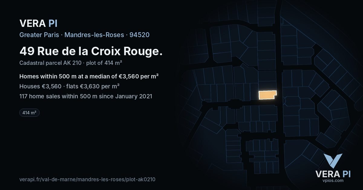 49 Rue de la Croix Rouge, Mandres-les-Roses at night – the plot lit, the parcels around coloured by the prices near them