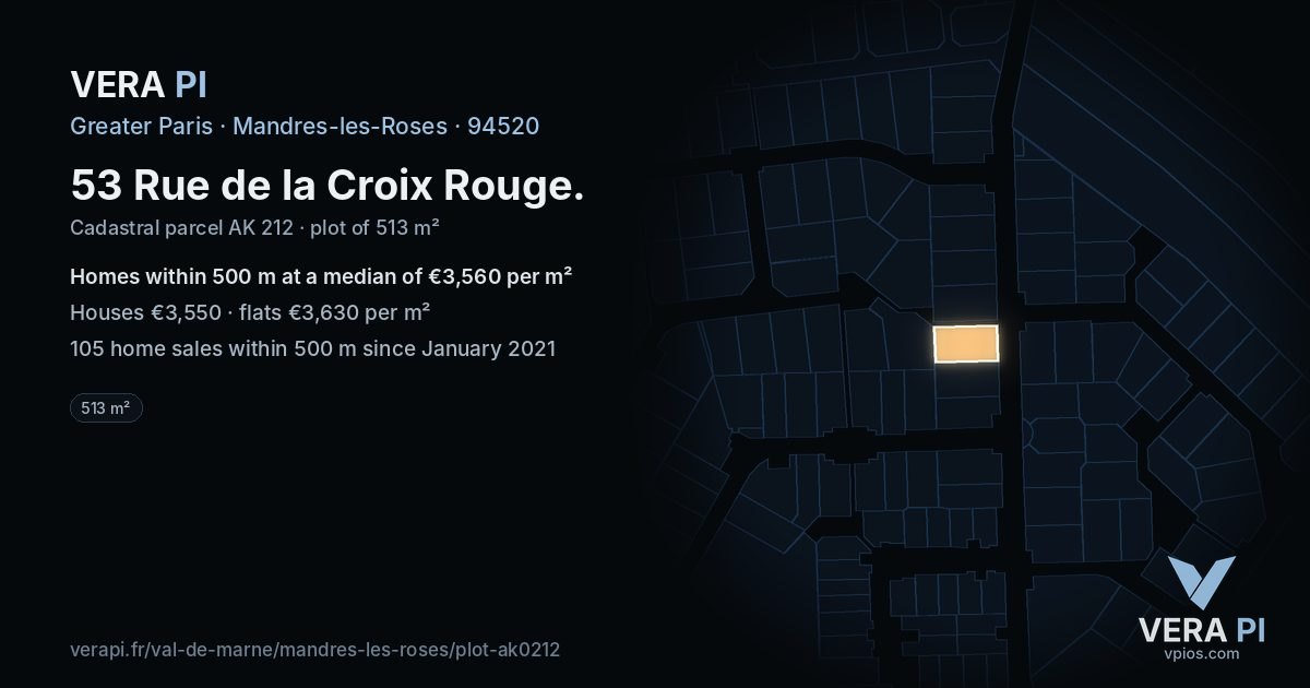 53 Rue de la Croix Rouge, Mandres-les-Roses at night – the plot lit, the parcels around coloured by the prices near them