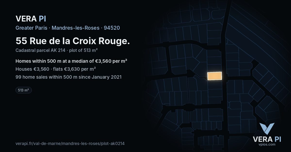 55 Rue de la Croix Rouge, Mandres-les-Roses at night – the plot lit, the parcels around coloured by the prices near them