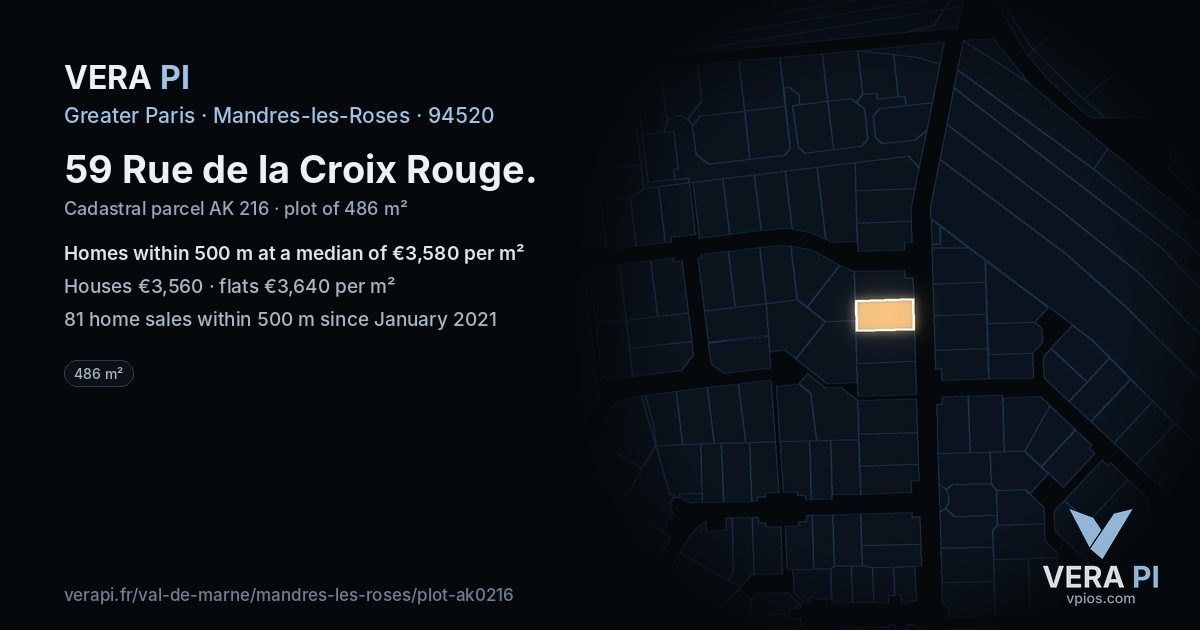 59 Rue de la Croix Rouge, Mandres-les-Roses at night – the plot lit, the parcels around coloured by the prices near them
