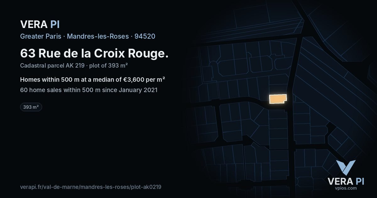 63 Rue de la Croix Rouge, Mandres-les-Roses at night – the plot lit, the parcels around coloured by the prices near them