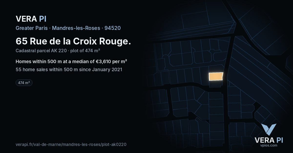 65 Rue de la Croix Rouge, Mandres-les-Roses at night – the plot lit, the parcels around coloured by the prices near them