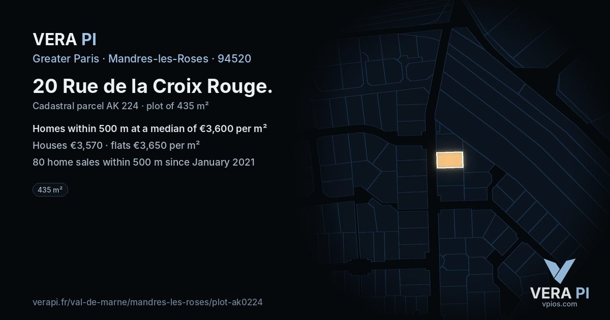 20 Rue de la Croix Rouge, Mandres-les-Roses at night – the plot lit, the parcels around coloured by the prices near them