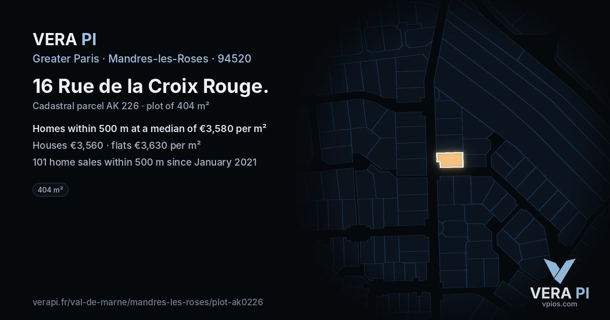 16 Rue de la Croix Rouge, Mandres-les-Roses at night – the plot lit, the parcels around coloured by the prices near them