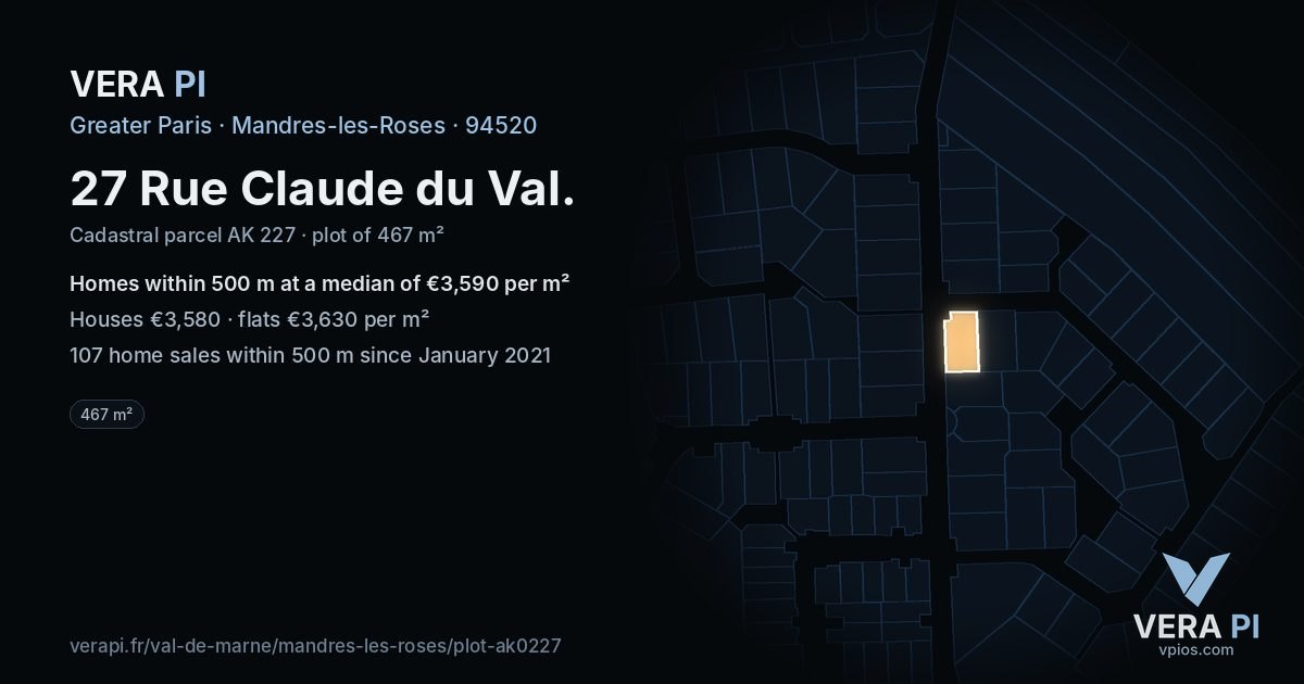 27 Rue Claude du Val, Mandres-les-Roses at night – the plot lit, the parcels around coloured by the prices near them