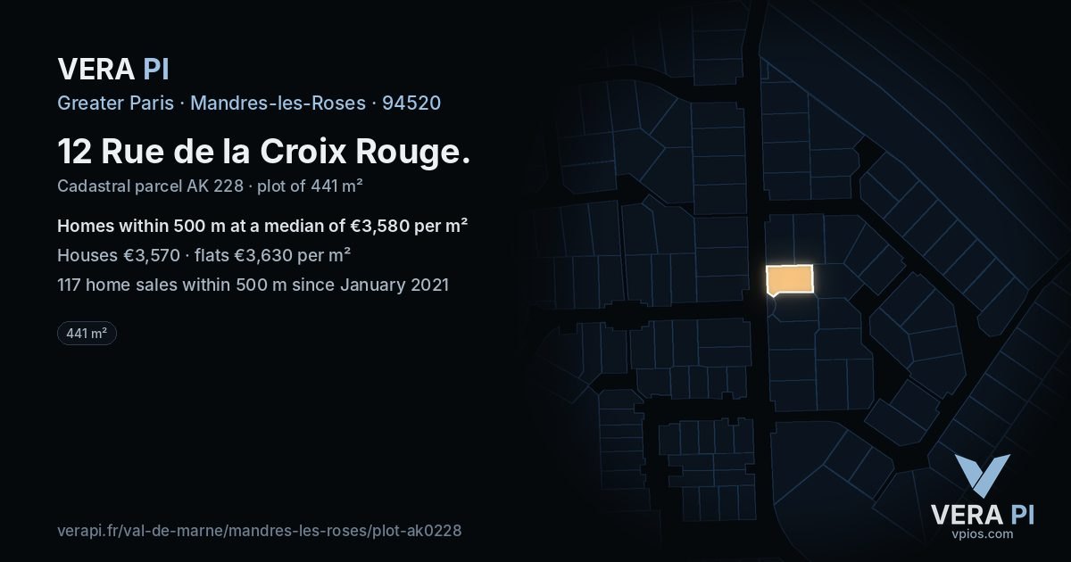 12 Rue de la Croix Rouge, Mandres-les-Roses at night – the plot lit, the parcels around coloured by the prices near them