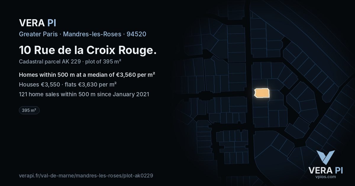 10 Rue de la Croix Rouge, Mandres-les-Roses at night – the plot lit, the parcels around coloured by the prices near them