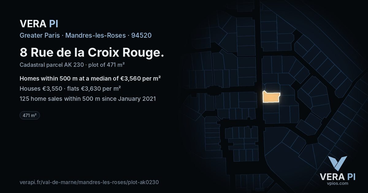 8 Rue de la Croix Rouge, Mandres-les-Roses at night – the plot lit, the parcels around coloured by the prices near them