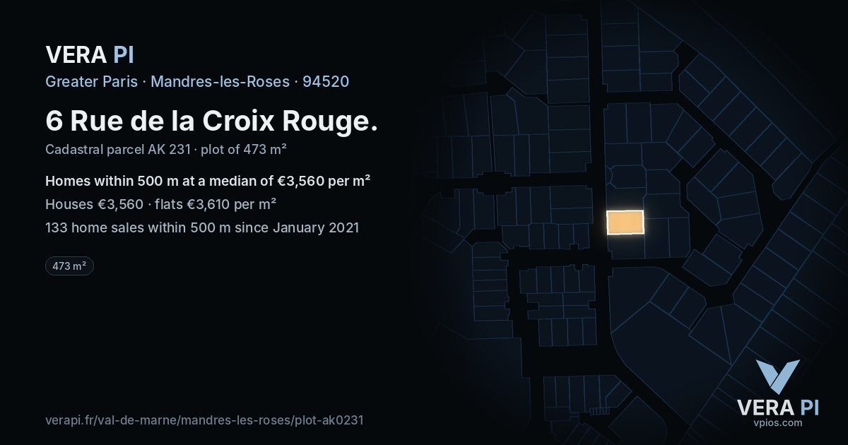 6 Rue de la Croix Rouge, Mandres-les-Roses at night – the plot lit, the parcels around coloured by the prices near them