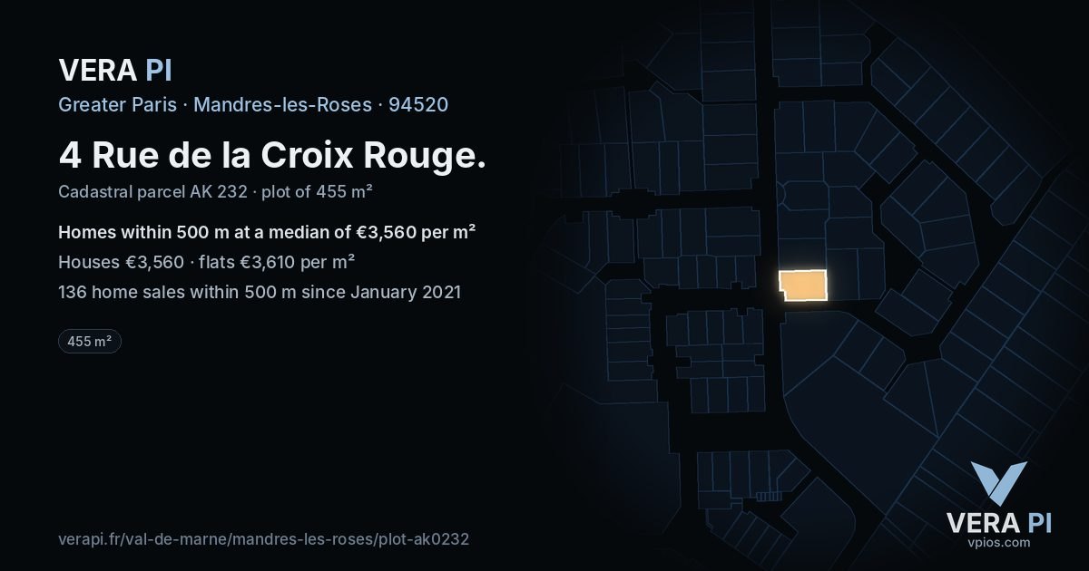 4 Rue de la Croix Rouge, Mandres-les-Roses at night – the plot lit, the parcels around coloured by the prices near them