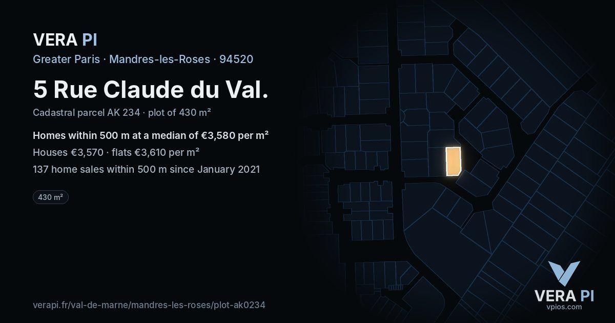 5 Rue Claude du Val, Mandres-les-Roses at night – the plot lit, the parcels around coloured by the prices near them