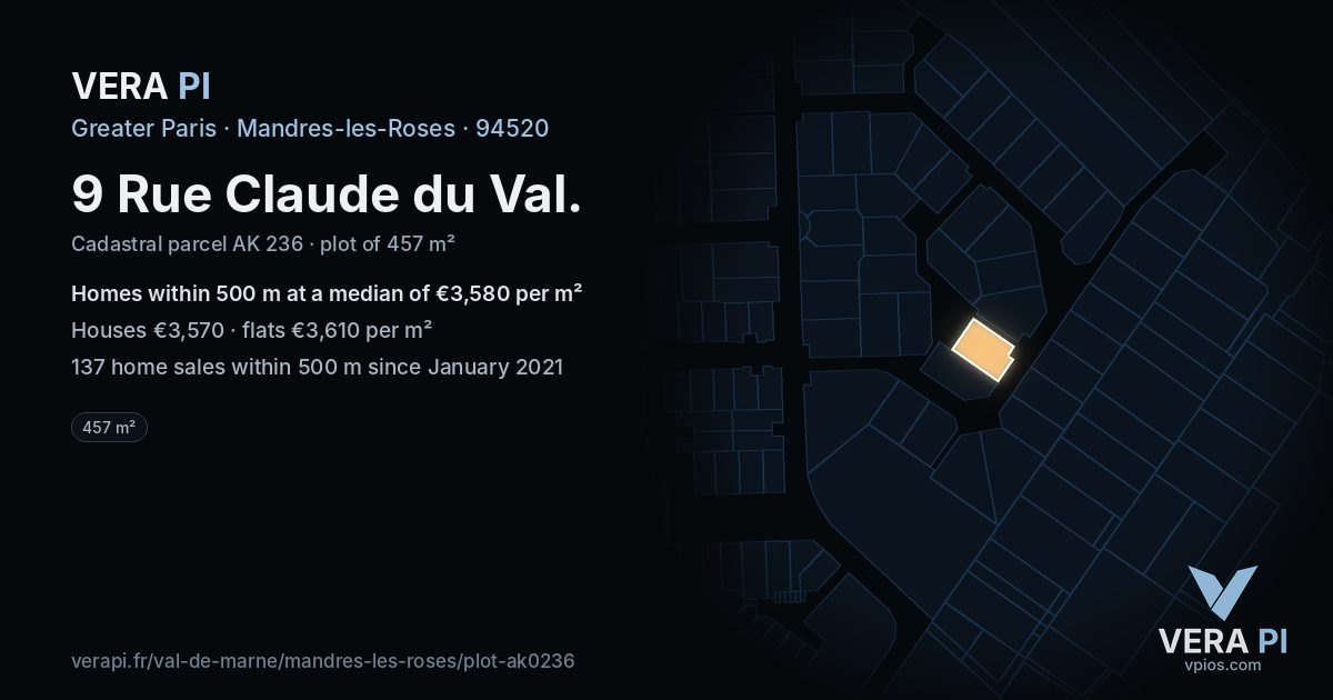 9 Rue Claude du Val, Mandres-les-Roses at night – the plot lit, the parcels around coloured by the prices near them