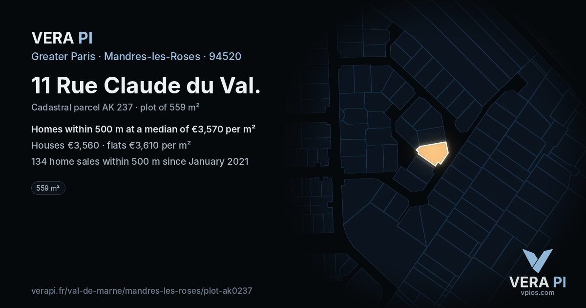 11 Rue Claude du Val, Mandres-les-Roses at night – the plot lit, the parcels around coloured by the prices near them
