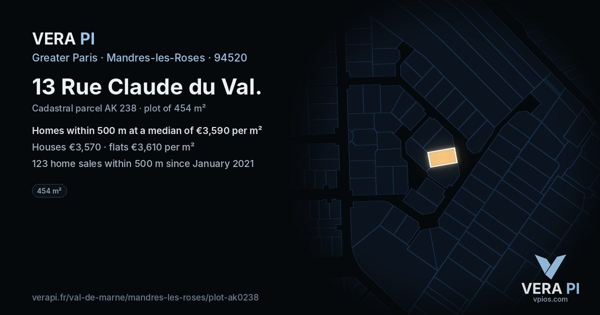 13 Rue Claude du Val, Mandres-les-Roses at night – the plot lit, the parcels around coloured by the prices near them