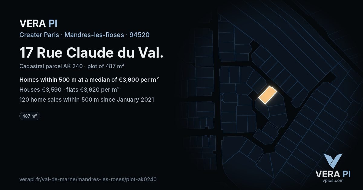 17 Rue Claude du Val, Mandres-les-Roses at night – the plot lit, the parcels around coloured by the prices near them